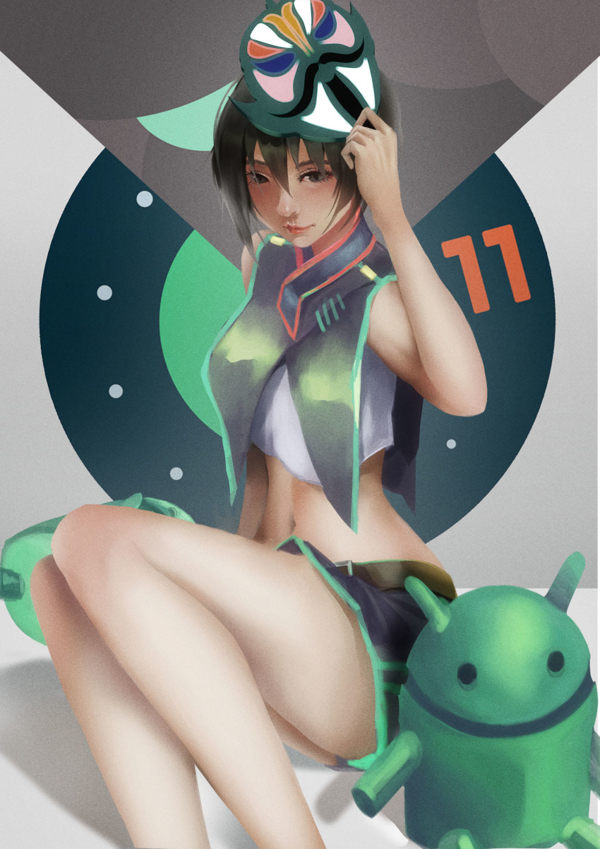 1girl adjusting_mask android android_(mascot) android_(personification) arm_support bare_shoulders belt black_belt black_hair black_skirt breasts brown_eyes commentary cropped_shirt english_commentary eyelashes female_focus google green_shirt green_skirt hair_between_eyes hand_on_own_head highres legs_together light_smile looking_at_viewer mascot mask mask_on_head medium_breasts midriff original os-tan oshino_ougi_(artist) personification shirt short_hair sitting skirt sleeveless sleeveless_shirt solo two-tone_skirt white_background white_shirt yokozuwari