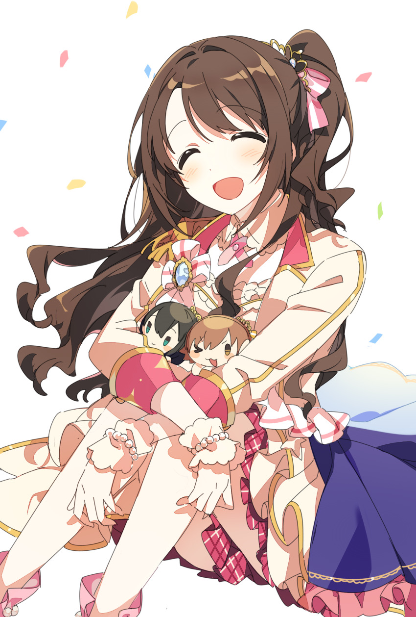 &gt;_o 1girl :3 :d ^_^ ap_bar black_hair bow brooch brown_eyes brown_hair character_doll closed_eyes commentary confetti crossed_arms doll frilled_skirt frills green_eyes hair_bow half_updo highres honda_mio idolmaster idolmaster_cinderella_girls jacket jewelry knees_up long_hair long_sleeves new_generations_(idolmaster) one_eye_closed open_mouth pink_bow plaid_clothes plaid_skirt ponytail shibuya_rin shimamura_uzuki short_hair side_ponytail simple_background skirt smile solo wavy_hair white_background white_jacket white_skirt wrist_cuffs