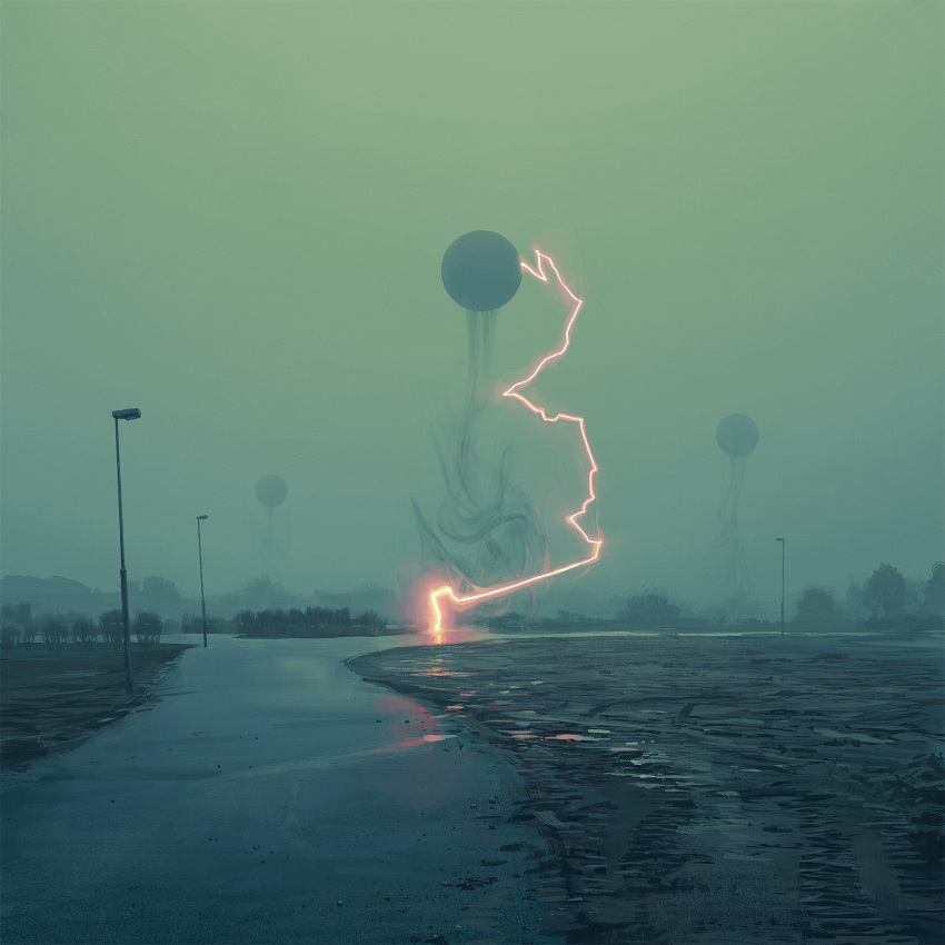 bush electricity haze highres lamppost no_humans orb outdoors science_fiction simon_stalenhag smoke smoke_trail the_labyrinth
