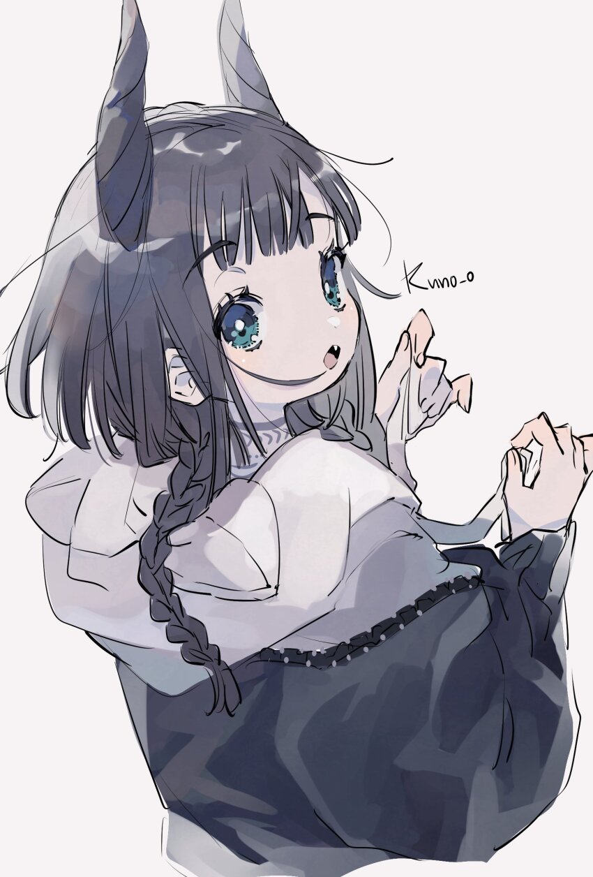 1girl absurdres artist_name black_hair from_behind green_eyes hands_up highres hood hoodie horns jikuno light_brown_background long_hair long_sleeves looking_at_viewer open_mouth original solo