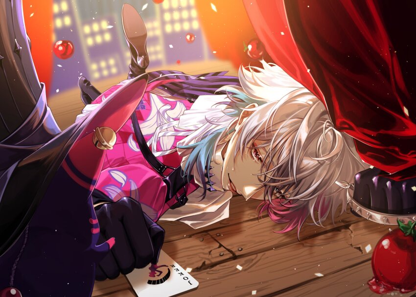 1boy absurdres bishounen black_gloves blue_eyes blue_hair blurry blurry_background boots card coat commentary confetti creature crescent_(cgcrescent) diamond_choker english_commentary eyelashes eyeshadow fallen_down floral_print gavis_bettel gavis_bettel_(1st_costume) gloves grey_hair hair_between_eyes hat heterochromia high_heel_boots high_heels highres holostars holostars_english joker_(playing_card) light_particles lily_print lipgloss looking_at_viewer makeup male_focus medium_hair multicolored_coat multicolored_hair on_floor parted_lips phantom_(gavis_bettel) pink_eyes pink_eyeshadow pink_hair pink_lips playing_card red_curtains scarf solo striped_coat sweat tomato top_hat unworn_hat unworn_headwear vertical-striped_coat virtual_youtuber white_scarf