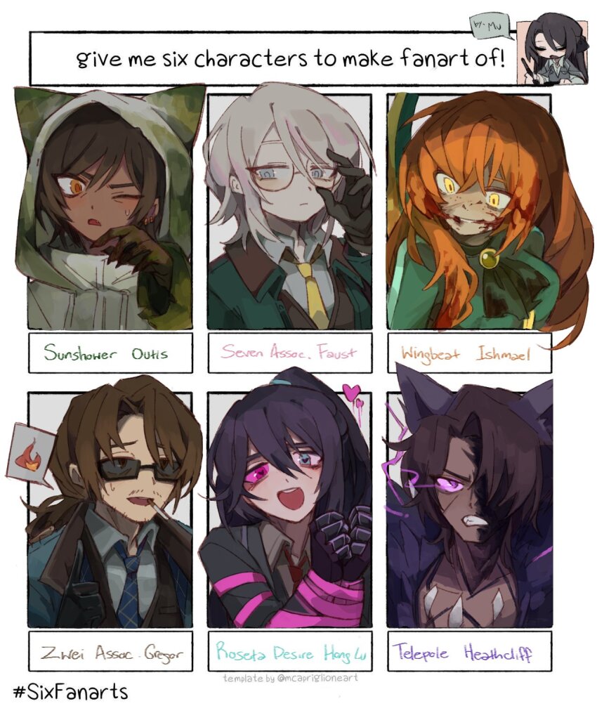 3boys 4girls artist_self-insert black_bow blood blood_on_face blue_eyes blue_hair blue_necktie bow brown_eyes brown_hair e.g.o_(project_moon) english_text faust_(project_moon) glasses gregor_(project_moon) hair_bow heathcliff_(project_moon) heterochromia high_ponytail highres hong_lu_(project_moon) ishmael_(project_moon) limbus_company long_hair low_ponytail medium_hair multiple_boys multiple_drawing_challenge multiple_girls muu_037 necktie one_eye_closed orange_hair outis_(project_moon) parted_lips pink_eyes pink_ribbon ponytail project_moon purple_eyes ribbon roseate_desire_(e.g.o) sidelocks simple_background six_fanarts_challenge sunglasses sunshower_(e.g.o) very_long_hair white_background white_hair wingbeat_(e.g.o) zwei_south_(identity)_(project_moon)