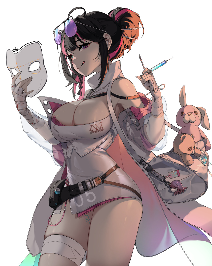 1girl :q absurdres bag bandaged_leg bandaged_wrists bandages black_hair blue_eyes breasts cleavage coat commentary cowboy_shot daeno dress earphones english_commentary eyewear_on_head girls&#039;_frontline girls&#039;_frontline_neural_cloud hair_bun heterochromia highres holding holding_mask holding_scalpel holding_syringe large_breasts licking_lips mask mole mole_on_breast multicolored_hair pink_eyes pink_hair purple-tinted_eyewear scalpel shoulder_bag simple_background solo streaked_hair stuffed_animal stuffed_rabbit stuffed_toy syringe teddy_bear thighs tinted_eyewear tongue tongue_out vee_(neural_cloud) venus_symbol white_background white_coat white_dress