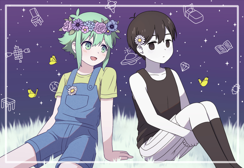 2boys :d antenna_hair arm_support bare_arms bare_shoulders basil_(headspace)_(omori) basil_(omori) black_eyes black_hair black_socks black_tank_top blue_flower blue_overalls bug butterfly closed_mouth collarbone colored_skin cowboy_shot daisy empty_eyes feet_out_of_frame flower flower_wreath grass green_eyes green_hair green_shirt hair_behind_ear hair_flower hair_ornament hands_under_legs head_wreath insect kneehighs knees_up leaf looking_at_another male_focus mozukusa multiple_boys no_pupils omori omori_(omori) on_grass open_mouth outdoors overall_shorts overalls pink_flower pink_rose purple_flower purple_sky rose shirt short_hair short_sleeves shorts sitting sky smile socks striped_clothes striped_shorts tank_top vertical-striped_clothes vertical-striped_shorts white_shorts white_skin yellow_butterfly