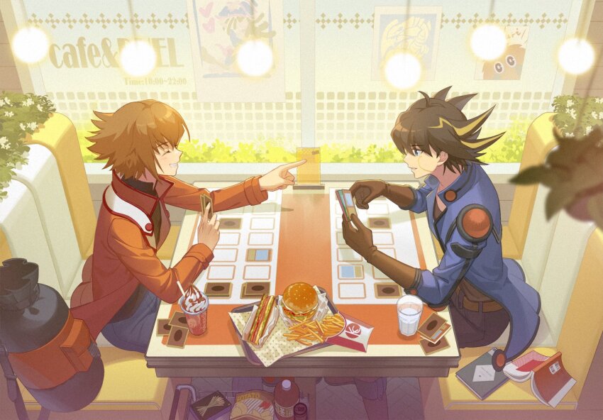 2boys black_hair blonde_hair blue_eyes blue_jacket book bottle brown_gloves brown_hair burger cafe card cup food french_fries fudo_yusei gloves hair_between_eyes holding holding_card indoors jacket kuriboh long_sleeves male_focus multicolored_hair multiple_boys pants playing_games pointing red_jacket s_saremi sandwich sitting spiked_hair yu-gi-oh! yu-gi-oh!_5d&#039;s yu-gi-oh!_gx yuki_judai