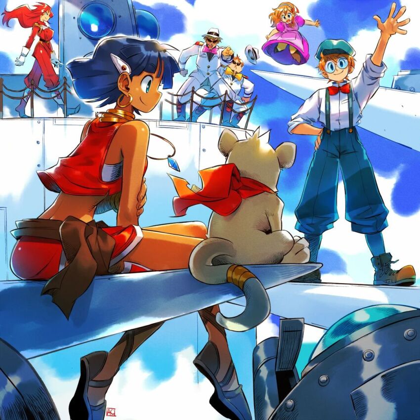 1other 3boys 3girls andrewcockroach angry animal blue_eyes blue_hair boots dark-skinned_female dark_skin dress earrings full_body fushigi_no_umi_no_nadia glasses grandis_granva hat jean_roque_raltique jewelry king_(nadia) long_hair marie_en_carlsberg multiple_boys multiple_girls nadia_la_arwall overalls pointing red_hair scarf shoes short_hair sitting smile walking