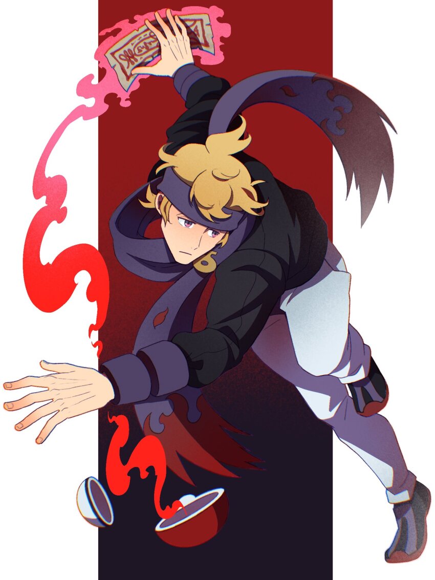 1boy black_sweater blonde_hair dashing expressionless game_freak hand_up headband highres long_sleeves male_focus morty_(pokemon) nintendo ofuda open_poke_ball pants poke_ball poke_ball_(basic) pokemon pokemon_hgss purple_eyes purple_headband purple_scarf running scarf short_hair sweater talisman tmskpocket_sub white_pants
