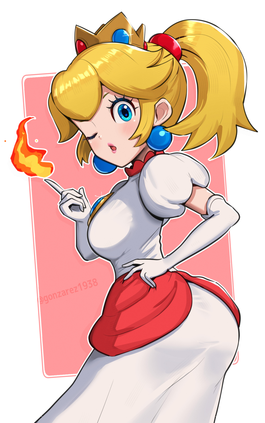 1girl absurdres alternate_color artist_name ass blonde_hair blue_brooch blue_eyes breasts brooch crown dress earrings elbow_gloves fire fire_peach gloves gonzarez hand_on_own_hip highres index_finger_raised jewelry mario_(series) medium_breasts nintendo one_eye_closed parted_lips ponytail princess_peach puffy_short_sleeves puffy_sleeves short_sleeves solo sphere_earrings super_mario_3d_world twitter_username white_dress