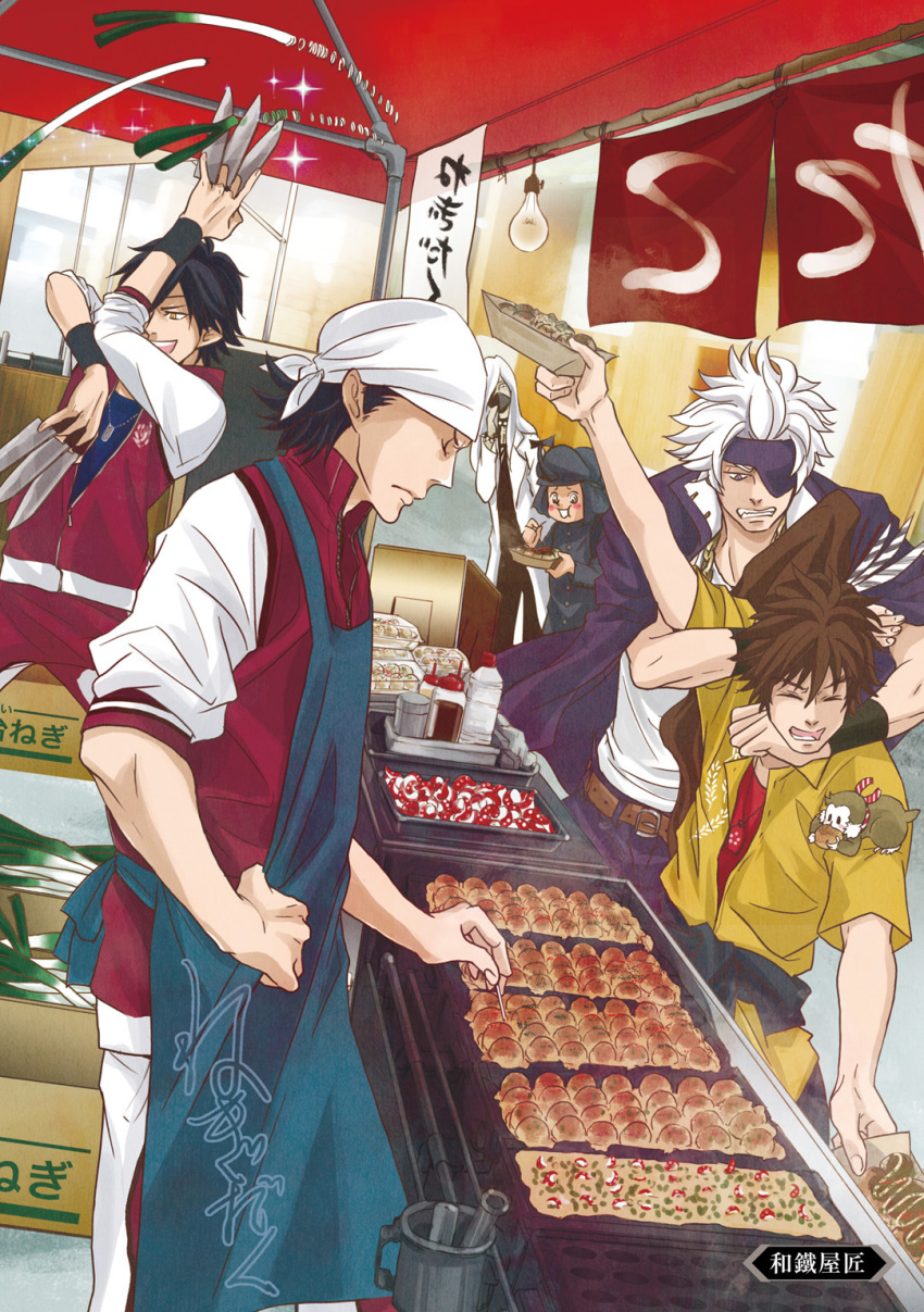 6+boys :d akechi_mitsuhide_(sengoku_basara) blue_shirt brown_hair chousokabe_motochika_(sengoku_basara) clenched_teeth closed_eyes date_masamune_(sengoku_basara) dog_tags eyepatch food frown gakuen_basara gakuran guest_art highres jacket jacket_on_shoulders katakura_kojuurou_(sengoku_basara) kitchen_knife kobayakawa_hideaki_(sengoku_basara) long_hair maeda_keiji_(sengoku_basara) male_focus monkey multiple_boys multiple_wielding non-web_source official_art open_mouth pants purple_eyes purple_jacket red_jacket red_pants school_uniform sengoku_basara shirt short_hair smile spring_onion takoyaki teeth tenkai_(sengoku_basara) track_suit waganeya white_hair white_shirt