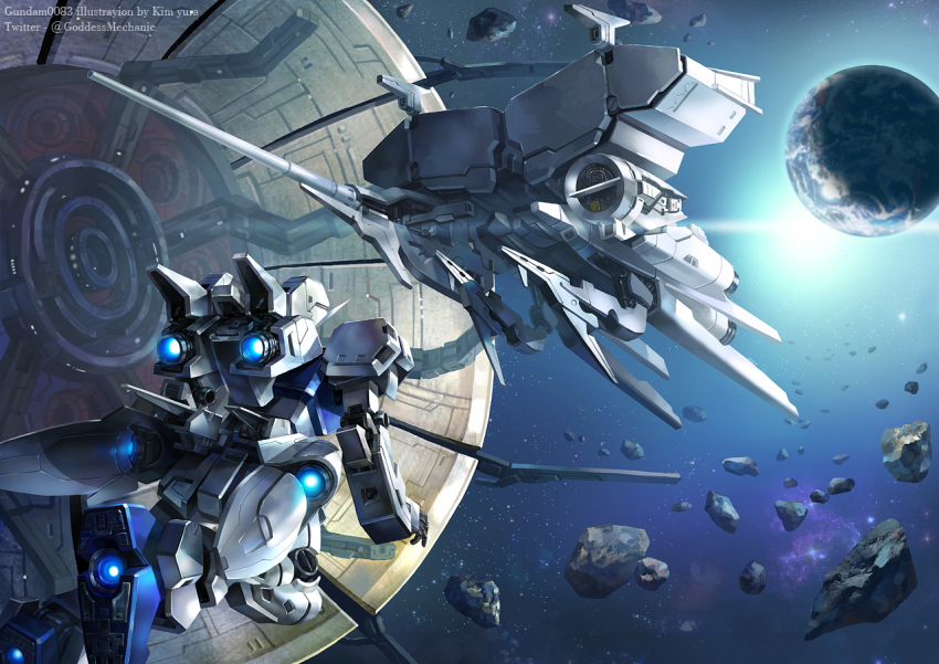 1990s_(style) artist_name asteroid dendrobium_schema earth_(planet) gundam gundam_0083 gundam_gp-03_stamen kim_yura_(goddess_mechanic) mecha mecha_focus no_humans planet retro_artstyle robot space spacecraft sun twitter_username