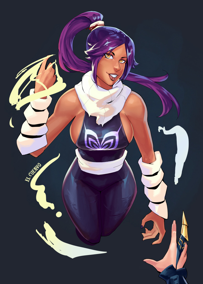 bleach dark-skinned_female dark_skin el_cuervo nail_polish ponytail pov purple_hair shihouin_yoruichi sui-feng yellow_eyes