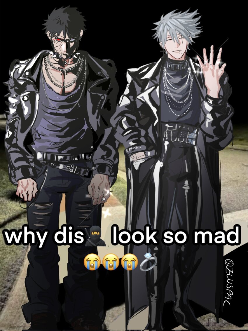 2boys alternate_costume belt black_coat black_pants boots clenched_hands closed_eyes closed_mouth coat collar earrings eluspac_maru full_body grey_hair hand_in_pocket hatake_kakashi heterochromia highres husband_and_husband jewelry long_sleeves looking_at_viewer male_focus meme mole mole_under_mouth multiple_belts multiple_boys naruto_(series) naruto_shippuuden necklace pants piercing red_eyes ring rinnegan scar scar_across_eye scar_on_face sharingan shirt short_hair smile spiked_collar spikes torn_clothes torn_pants uchiha_obito why_dis_ninja_look_so_mad_(meme) yaoi