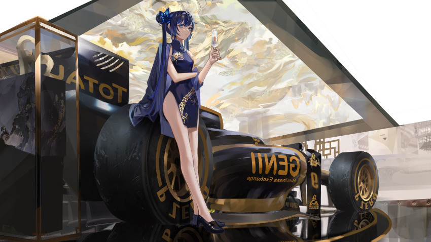 1girl absurdres architecture ass_support black_dress black_footwear black_hair blue_archive blue_eyes butterfly_hair_ornament car china_dress chinese_clothes coat coat_on_shoulders commentary crossed_arms cup double_bun dress drinking_glass east_asian_architecture english_commentary formula_one formula_racer full_body hair_between_eyes hair_bun hair_ornament halo high_heels highres holding holding_cup kisaki_(blue_archive) long_hair long_sleeves looking_at_viewer lotus_(brand) motor_vehicle race_vehicle racecar side_slit sidelocks sleeveless solo standing thao_ngo twintails wine_glass