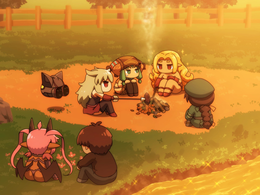 1boy 5girls arrow_(projectile) ass beret black_horns black_thighhighs black_wings blonde_hair braid brown_hair brown_skirt campfire character_request chibi commentary_request dark-skinned_female dark_skin fence food full_body grass green_eyes green_hair green_hat hat horns light_brown_hair long_hair looking_at_another looking_to_the_side multiple_girls no_mouth nyx_(sequel) outdoors pink_hair pointy_ears rabi_alnea red_eyes river roasted_sweet_potato sequel_(series) sequel_blight shirosato short_hair sidelocks single_braid sitting skirt sparkle sunset sweet_potato thighhighs tillema_riema_(sequel_blight) twintails wings wooden_fence