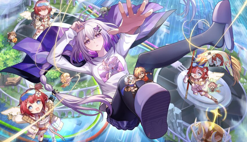 2boys 6+girls absurdres aglaea_(honkai:_star_rail) black_pantyhose bright_pupils butterfly_hair_ornament cape castorice_(honkai:_star_rail) chibi cipher_(honkai:_star_rail) floating_hair grey_hair hair_ornament highres honkai:_star_rail honkai_(series) hoyofair hyacine_(honkai:_star_rail) long_hair long_sleeves looking_at_viewer mem_(honkai:_star_rail) multicolored_hair multiple_boys multiple_girls mydei_(honkai:_star_rail) official_art pantyhose parted_lips phainon_(honkai:_star_rail) pointy_ears purple_eyes purple_hair purple_slippers reaching reaching_towards_viewer red_hair shirt skirt slippers textless_version trianne_(honkai:_star_rail) tribbie_(honkai:_star_rail) trinnon_(honkai:_star_rail) white_pupils white_shirt zassyoku_dd