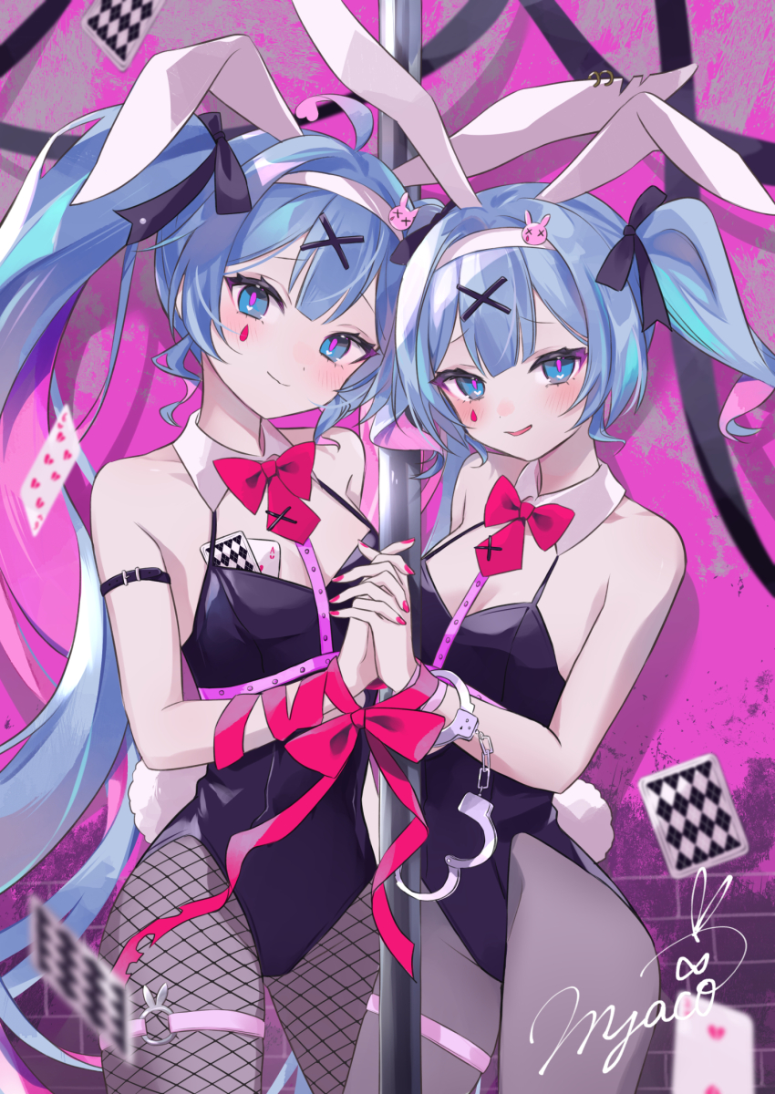 2girls animal_ears bare_shoulders black_leotard black_pantyhose blue_eyes blue_hair blurry blurry_foreground blush bound breasts broken_heart card chest_harness cuffs double-parted_bangs dual_persona fake_animal_ears fake_tail fishnet_pantyhose fishnets hair_ornament handcuffs harness hatsune_miku heart highleg highleg_leotard highres holding_hands leotard long_hair medium_breasts multicolored_hair multiple_girls myaco9 pantyhose parted_lips pink_background pink_hair pink_pupils pink_ribbon playing_card pole rabbit_ears rabbit_hole_(vocaloid) rabbit_tail ribbon six_of_hearts smile spaghetti_strap stripper_pole tail teardrop tied_up_(nonsexual) twintails two-tone_hair two_of_hearts very_long_hair vocaloid x_hair_ornament