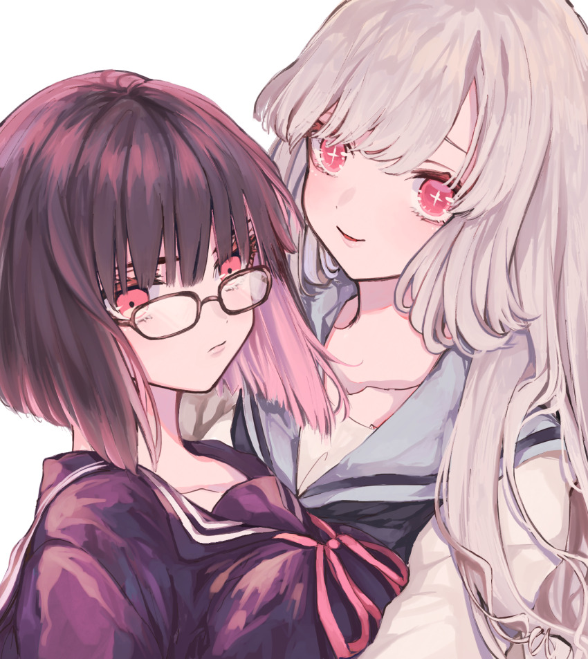 2girls amane_(7783) black_hair black_sailor_collar black_shirt bob_cut classroom closed_mouth colored_inner_hair commentary_request cross-shaped_pupils glasses grey_sailor_collar highres hug inverted_bob long_hair multicolored_hair multiple_girls neck_ribbon original parted_lips pink_hair red_eyes red_ribbon ribbon roots_(hair) sailor_collar school_uniform serafuku shirt short_hair simple_background symbol-shaped_pupils white_background white_hair white_shirt yuri