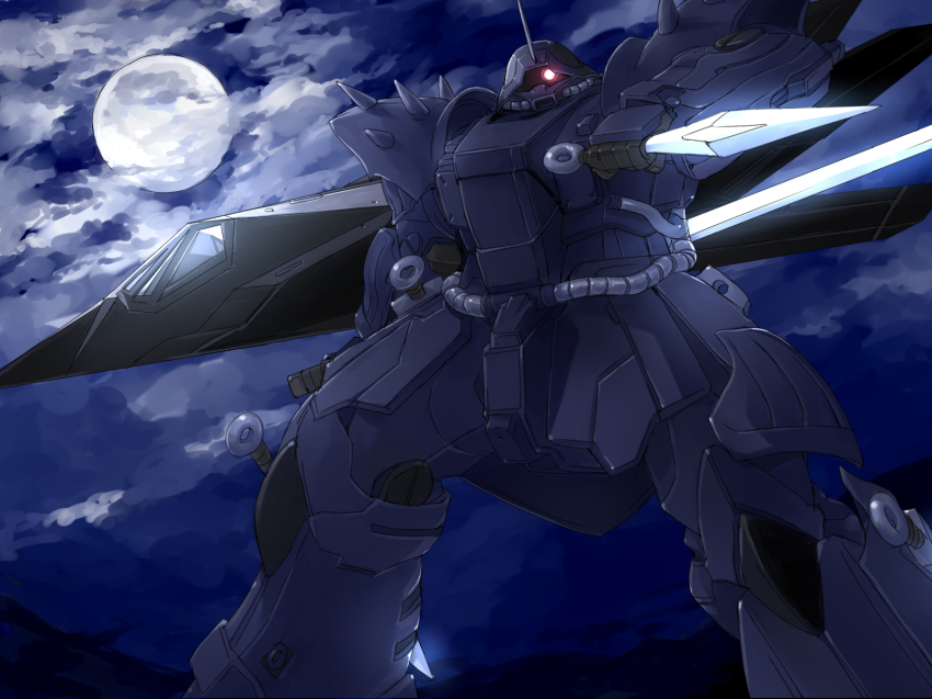 aircraft airplane atsushi/hao attack_aircraft cloud efreet_nacht f-117 f-117_nighthawk fighter_jet gundam gundam_battlefield_record_uc_0081 highres kunai mecha military military_vehicle moon night night_sky robot sky spikes stealth stealth_aircraft stealth_attack_aircraft sword weapon