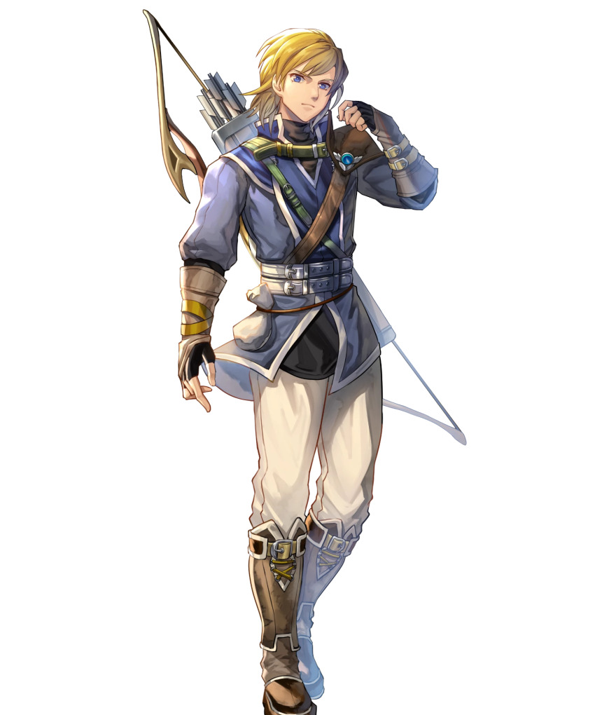 1boy black_gloves blonde_hair blue_eyes bow_(weapon) fingerless_gloves fire_emblem fire_emblem:_radiant_dawn fire_emblem_heroes gloves highres leonardo_(fire_emblem) looking_at_viewer male_focus medium_hair nintendo non-web_source official_art quiver solo tachi-e weapon