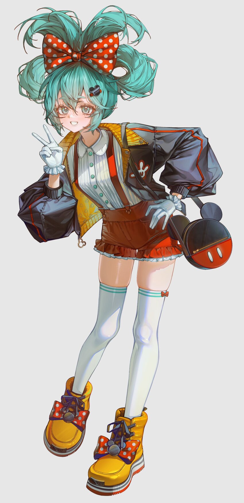 1girl \||/ absurdres ankle_boots aqua_eyes aqua_hair black_jacket boots bow buttons collared_shirt commentary cosplay english_commentary folded_twintails frilled_shorts frills full_body gloves grin hand_on_own_hip hatsune_miku highres jacket lace-up_boots long_hair long_sleeves looking_at_viewer mickey_mouse mickey_mouse_&amp;_friends mickey_mouse_(cosplay) naniwoou open_clothes open_jacket puffy_long_sleeves puffy_sleeves red_shorts shirt short_shorts shorts smile solo standing suspender_shorts suspenders thighhighs twintails two-sided_fabric two-sided_jacket v vocaloid white_gloves white_shirt white_thighhighs yellow_boots