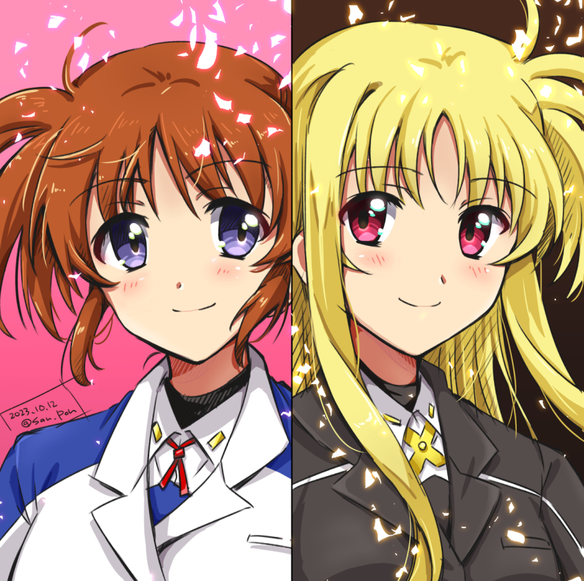 2girls artist_name blonde_hair blue_eyes blush brown_hair closed_mouth commentary_request dated fate_testarossa highres long_hair looking_at_another lyrical_nanoha military_uniform multiple_girls red_eyes san-pon simple_background smile takamachi_nanoha tsab_air_military_uniform tsab_executive_military_uniform upper_body