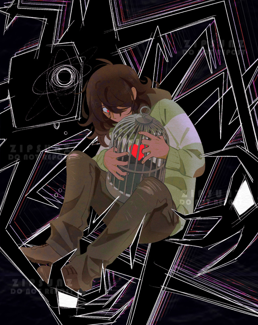 3others abstract abstract_background birdcage black_background black_claws brown_hair brown_pants brown_shoes cage commentary deltarune english_commentary full_body green_sweater hair_over_one_eye heart highres holding holding_cage knees_up kris_(deltarune) looking_at_another multiple_others pants red_eyes roaring_knight scribble_background shoes sitting soul_(deltarune) spoilers striped_clothes striped_sweater sweater watermark zipsunz