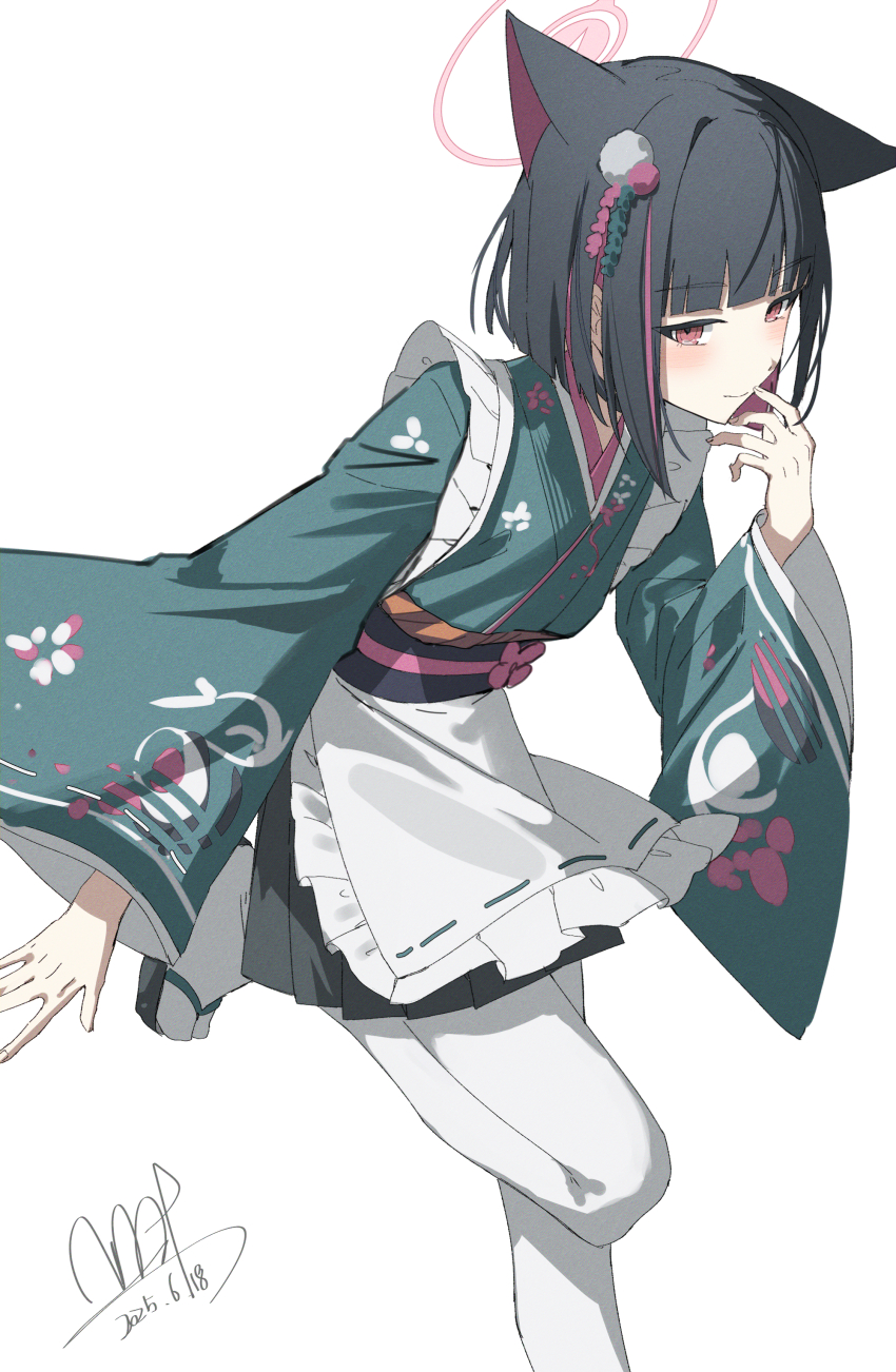 1girl absurdres alternate_costume animal_ears apron black_hair black_skirt blue_archive blue_kimono blunt_bangs blunt_ends cat_ears cat_girl closed_mouth colored_inner_animal_ears colored_inner_hair finger_to_mouth highres japanese_clothes kazusa_(blue_archive) kimono looking_at_viewer maid maid_apron multicolored_hair pantyhose pink_eyes pink_hair pleated_skirt purple_sash qtian sandals sash short_hair sidelocks skirt smile solo standing standing_on_one_leg two-tone_hair white_apron white_pantyhose wide_sleeves