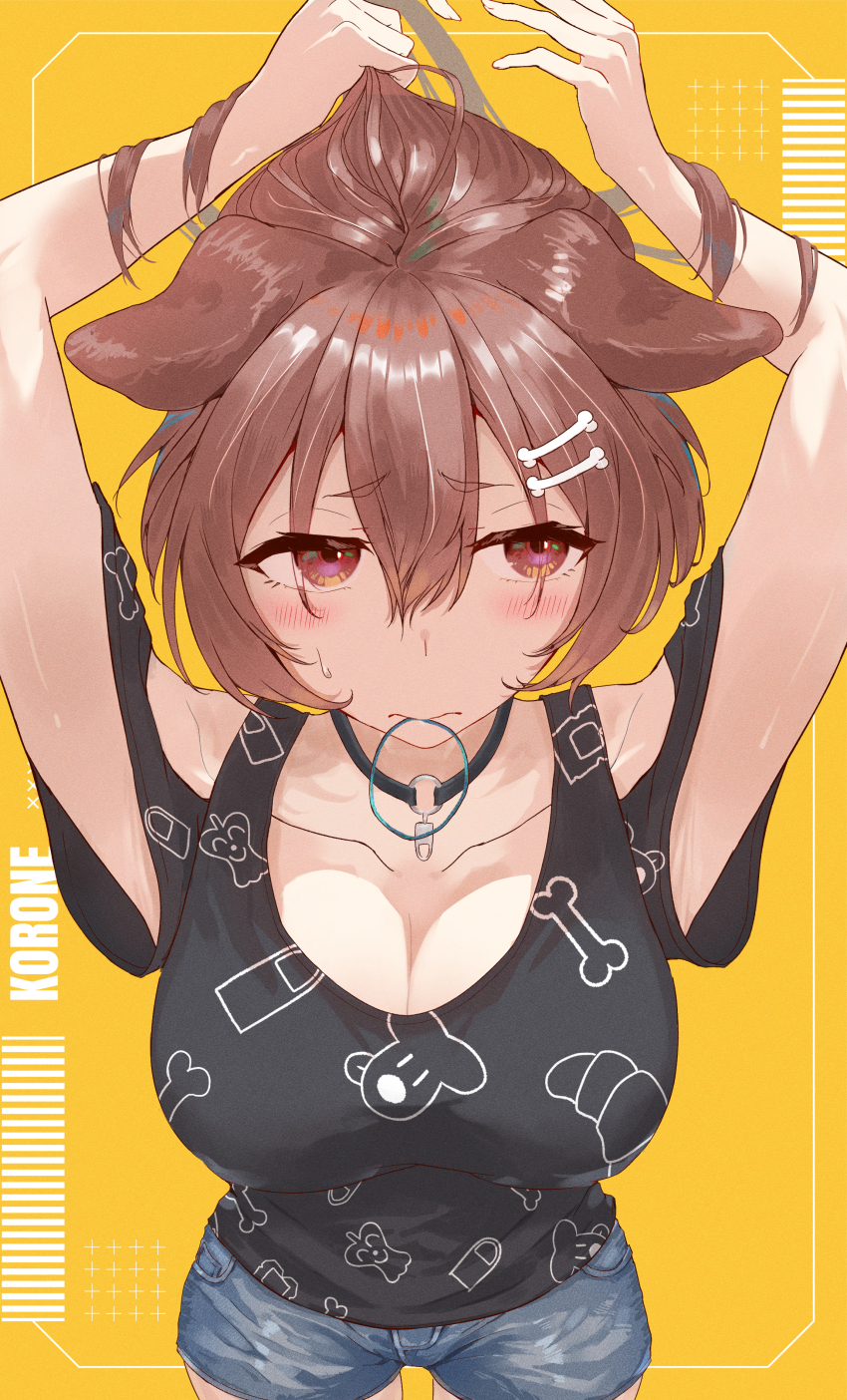 1girl absurdres animal_ears armpits arms_up black_shirt blue_shorts blush bone_hair_ornament breasts brown_eyes brown_hair cleavage closed_mouth clothing_cutout collar collarbone commentary cowboy_shot dog_ears dog_girl donut_paint floppy_ears hair_between_eyes hair_ornament highres hololive inugami_korone inugami_korone_(loungewear) large_breasts looking_at_viewer mouth_hold official_alternate_costume shirt short_shorts short_sleeves shorts shoulder_cutout solo symbol-only_commentary tying_hair virtual_youtuber