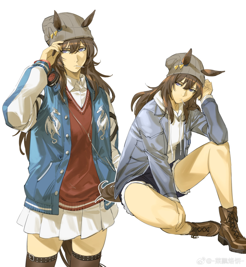1girl absurdres ahoge animal_ears ankle_boots bare_shoulders beanie black_gloves black_thighhighs boots brown_boots brown_hair cable candy collared_shirt commentary_request denim denim_shorts ears_through_headwear fingerless_gloves food food_in_mouth full_body gloves grey_hat grey_jacket hand_in_pocket hat headphones headphones_around_neck high_heels highres horse_ears horse_girl horse_tail jacket lace-up_boots lollipop long_hair long_sleeves looking_at_viewer multiple_views nakayama_festa_(umamusume) official_alternate_costume open_clothes open_jacket pleated_skirt purple_eyes ruukii_drift shirt shoes shorts simple_background skirt sneakers standing sukajan tail thighhighs umamusume watermark weibo_watermark white_shirt white_skirt