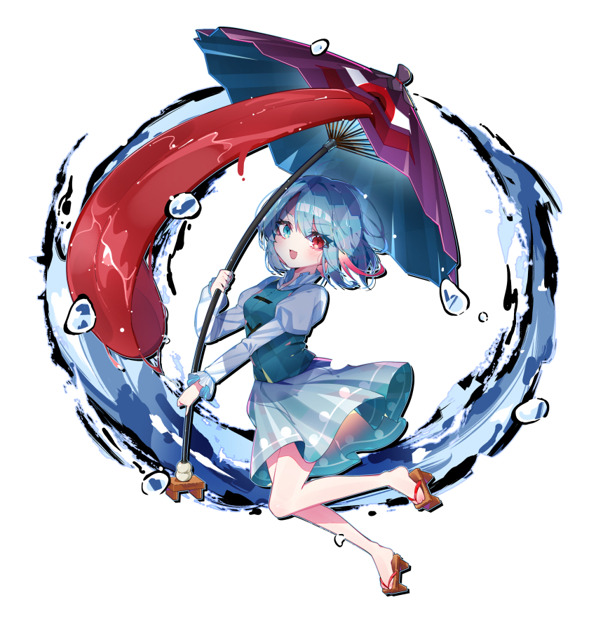 1girl absurdres aqua_skirt aqua_vest bare_legs blue_eyes blue_hair collared_shirt colored_inner_hair floating floating_clothes floating_hair frilled_shirt_collar frills full_body geta hair_between_eyes heterochromia highres holding holding_umbrella juliet_sleeves long_sleeves looking_at_viewer multicolored_hair puffy_sleeves purple_umbrella red_eyes red_hair shirt short_hair sia_6767 simple_background skirt tatara_kogasa tongue touhou two-tone_hair umbrella vest water_drop white_background white_shirt