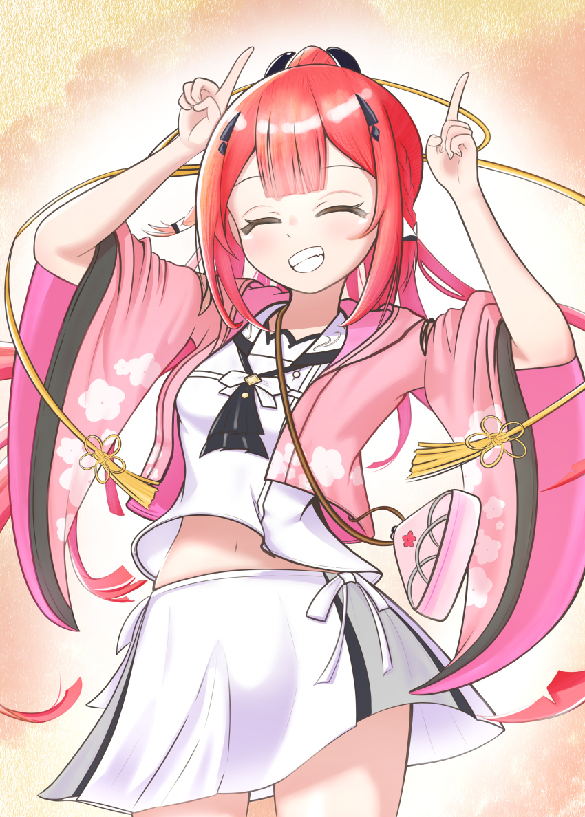 1girl :d ^_^ absurdres ascot bag black_ascot blunt_bangs blush braid center-flap_bangs cherry_blossom_print closed_eyes commentary_request cowboy_shot drawing_kaityo facing_viewer fake_horns fang floating_hair floral_print floral_print_kimono grin hair_ornament hairclip handbag hands_up happy highres horns horns_pose japanese_clothes kamiyama_shiki kimono long_hair long_sleeves midriff_peek miniskirt navel open_clothes open_kimono open_mouth pink_kimono pleated_skirt ponytail print_kimono red_hair sailor_collar school_uniform serafuku shirt simple_background skirt smile solo summer_pockets summer_pockets_school_uniform tassel tassel_hair_ornament twin_braids very_long_hair white_sailor_collar white_serafuku white_shirt white_skirt wide_sleeves yellow_background