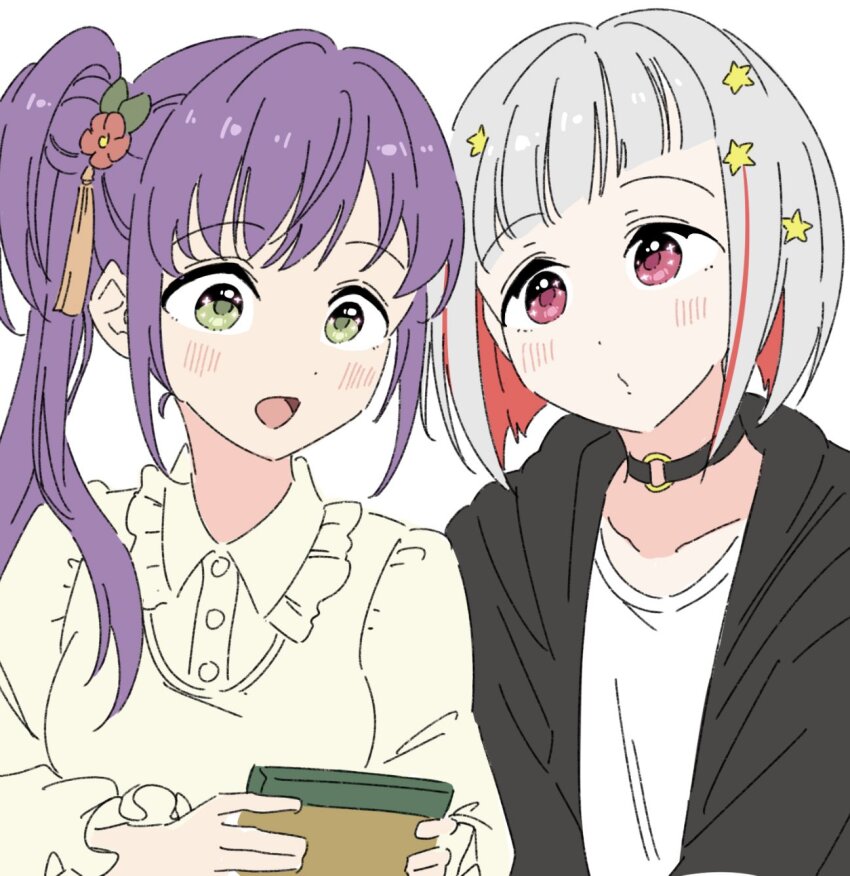 2girls :d black_choker black_jacket bob_cut cellphone choker collarbone collared_dress colored_inner_hair commentary_request diagonal_bangs dress flower frilled_shirt_collar frills grey_hair hair_flower hair_ornament highres holding holding_phone hood hood_down hooded_jacket inverted_bob jacket link!_like!_love_live! llkapital long_sleeves love_live! multicolored_hair multiple_girls official_alternate_costume open_clothes open_jacket open_mouth otomune_kozue otomune_kozue_(summer_loungewear) phone purple_hair red_flower red_hair shirt short_hair side_ponytail simple_background smartphone smile sparkling_eyes star_(symbol) star_hair_ornament streaked_hair upper_body virtual_youtuber white_background white_dress white_shirt wide-eyed yugiri_tsuzuri yugiri_tsuzuri_(summer_loungewear)