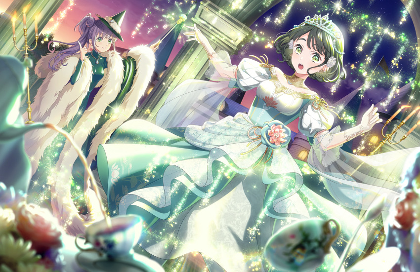 2girls aqua_tiara black_hair breasts closed_mouth dress dress_flower dutch_angle flower fur-trimmed_shawl fur_trim game_cg green_dress green_eyes green_hat green_shawl hair_bun hair_flower hair_ornament hat highres holding holding_wand index_finger_raised link!_like!_love_live! long_hair lotus love_live! magic medium_breasts momose_ginko momose_ginko_(kiseki_no_butoukai_(104th)) multiple_girls official_alternate_costume official_alternate_hairstyle official_art open_mouth otomune_kozue otomune_kozue_(kiseki_no_butoukai_(104th)) outdoors pantyhose pink_flower puffy_short_sleeves puffy_sleeves purple_hair shawl short_sleeves side_ponytail sidelocks single_side_bun smile split_mouth standing surprised third-party_source tiara virtual_youtuber wand white_dress white_flower white_pantyhose witch_hat wizard