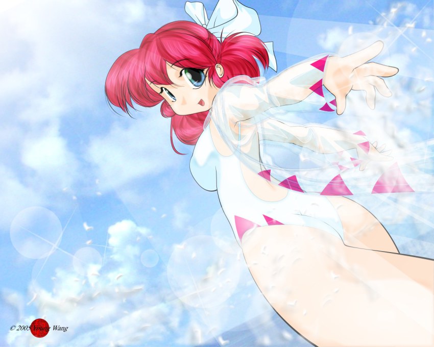 1girl ass beach casual_one-piece_swimsuit cloud day dutch_angle female_focus final_fantasy from_behind legs one-piece_swimsuit outdoors red_hair ribbon see-through_clothes sky solo splashing square_enix swimsuit white_mage_(final_fantasy) young_wang