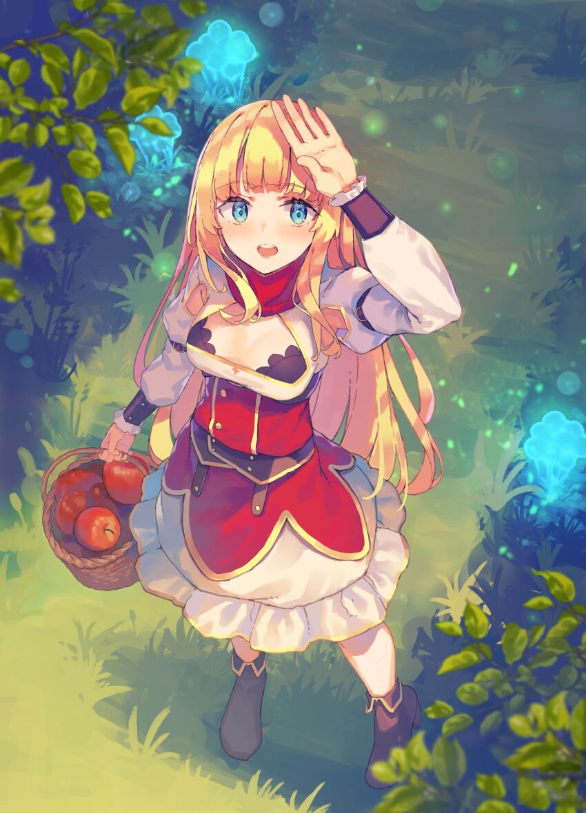 1girl absurdres apple arm_belt basket belt blonde_hair blue_eyes blush boots bra bra_peek breasts brown_belt brown_boots cleavage_cutout clothing_cutout commentary_request dress fold-over_boots food fruit full_body glowing_mushroom grass highres holding holding_basket long_hair long_sleeves medium_breasts mushroom open_mouth overskirt red_overskirt red_scarf rit_(shin_no_nakama) scarf second-party_source shading_eyes shin_no_nakama_janai_to_yuusha_no_party_wo_oidasareta_no_de_henkyou_de_slow_life_suru_koto_ni_shimashita solo standing teeth underwear upper_teeth_only white_dress yasumo_(kuusouorbital)