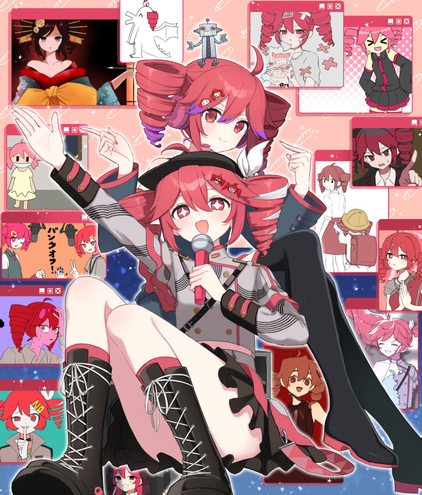 +_+ 2girls :d absurdres age_difference ahoge alternate_costume alternate_hair_color anniversary april_star_(synthesizer_v) arm_up ataman_ita_(synthesizer_v) babel_(utau) backpack bag baguette belt black_belt black_boots black_choker black_dress black_hair black_shoes blue_kimono boots bow bread bunk_off! buttons character_hair_ornament choker colored_skin colored_tips confession_to_sister_(synthesizer_v) dame_ningen_da_(utau) detached_sleeves double-breasted double-parted_bangs dress drill_hair dual_persona encore_dance_(synthesizer_v) fingernails food grey_jacket grey_robe grey_shirt grey_skirt grey_sleeves hair_between_eyes hair_ornament hair_ribbon hands_on_own_hips hard_hat hat headache headphones headset helmet highres hito_mania_(utau) holding holding_microphone holding_smoking_pipe igaku_(utau) index_finger_raised iwashi_ga_tsuchi_kara_haetekuru_n_da_(utau) jacket japanese_clothes kasane_territory_(utau) kasane_teto kasane_teto_(sv) kasane_teto_(utau) kimono koronba lace-up_boots layered_sleeves liar_dancer_(synthesizer_v) long_sleeves mesmerizer_(vocaloid) microphone migi_ni_ma_gaaru_(utau) mimi_no_aru_robot_no_uta_(utau) multicolored_hair multiple_girls musical_staff musical_staff_print nail_polish namasuteto_(synthesizer_v) no_da_(vocaloid) obi one_eye_closed open_clothes open_jacket open_mouth outline override_(synthesizer_v) own_hands_clasped own_hands_together pink_skin pointing pointing_at_viewer portrait purple_hair red_eyes red_hair red_nails red_skirt ribbon robe robot sash shirai_sahuni shirt shoelaces shoes short_sleeves shoulder_boards sister_teto sitting skirt smile smoking_pipe songover star-shaped_pupils star_(symbol) suki_na_souzai_happyou_dragon_(utau) sweat symbol-shaped_pupils synthesizer_v taihaiteki_jinsei_sanka_(utau) tetoris_(synthesizer_v) tetrodotoxin_(utau) thigh_boots twin_drills ultra_trailer_(synthesizer_v) utau white_bow white_outline white_ribbon white_shirt window window_(computing) yannacchau!_(synthesizer_v) yellow_dress yellow_hat yoshiwara_lament_(utau)