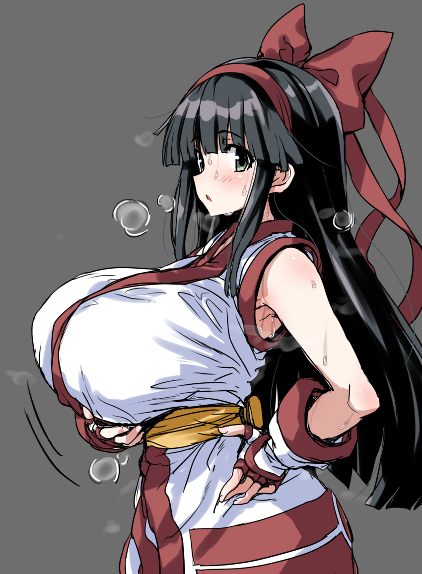1girl ainu_clothes alternate_breast_size arm_under_breasts armpit_peek armpits black_hair breast_holding breasts fingerless_gloves gloves green_eyes hair_ribbon hand_on_own_hip highres hirowa_nagi huge_breasts looking_at_viewer nakoruru open_mouth ribbon samurai_spirits sideboob snk solo sweat the_king_of_fighters