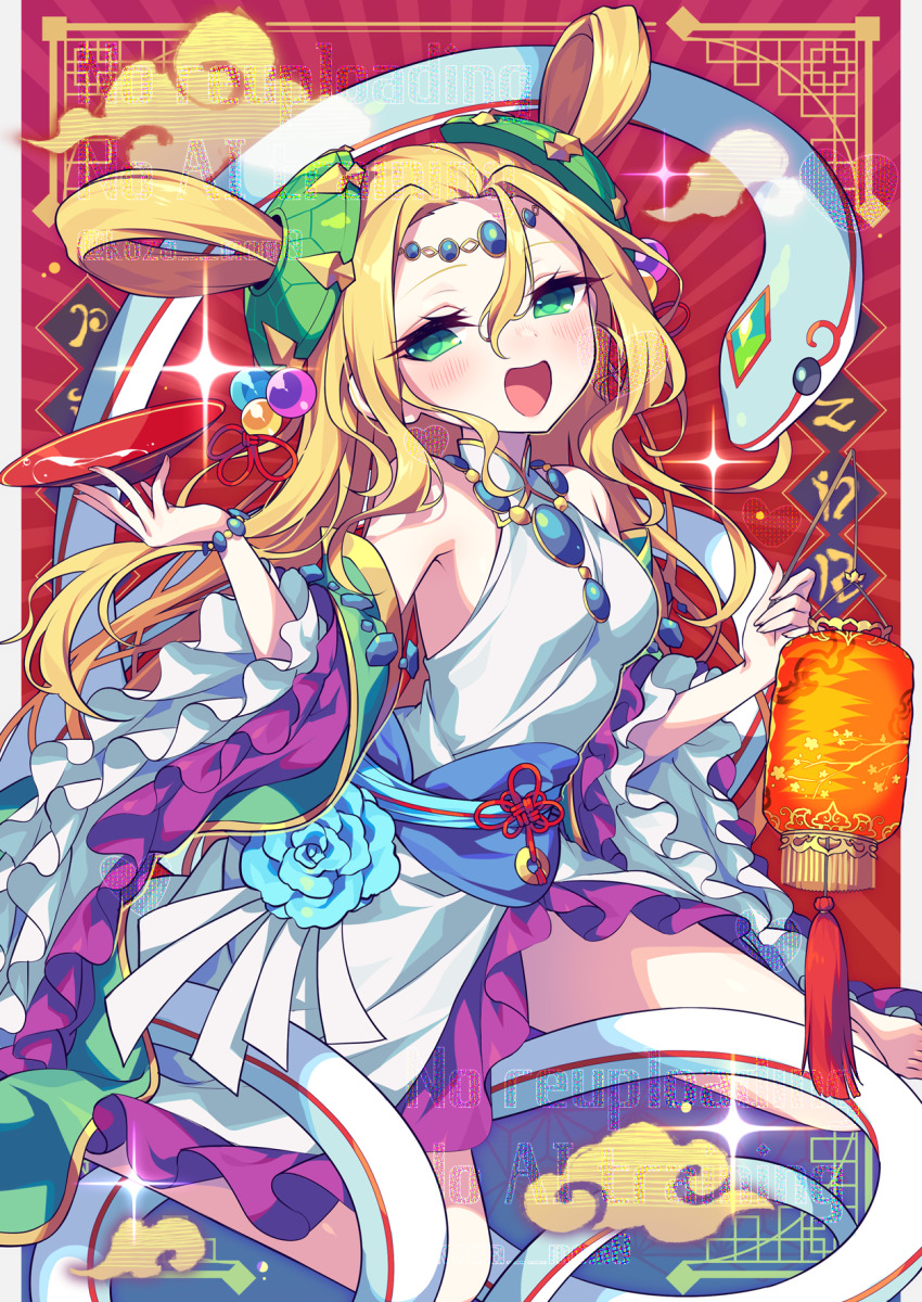1girl barefoot blonde_hair border bracelet breasts cup detached_sleeves dress full_body green_eyes green_shawl hair_between_eyes hair_ornament hair_rings head_chain highres holding holding_cup holding_lantern jewelry kozakura_(dictionary) lantern layered_sleeves long_hair looking_at_viewer meimei_(p&amp;d) necklace open_mouth purple_sleeves puzzle_&amp;_dragons red_background sakazuki sidelocks simple_background sitting small_breasts smile snake solo sparkle wariza watermark white_dress white_sleeves
