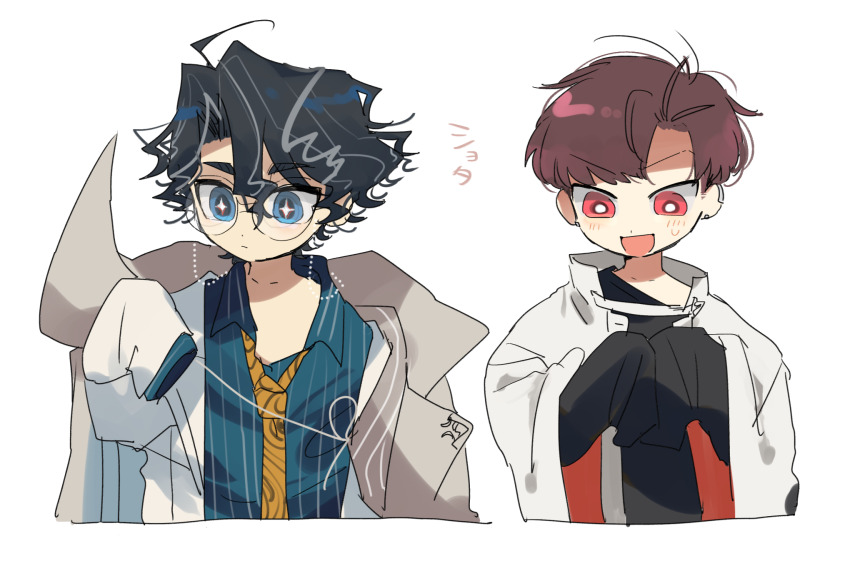 2boys :d aged_down ahoge black_hair black_shirt blue_eyes blue_shirt blush child closed_mouth coat coat_on_shoulders collared_coat collared_shirt commentary_request earclip earrings eyewear_strap fate/grand_order fate_(series) glasses grey_coat grey_hair hair_between_eyes hand_up highres jacket jewelry lapels long_sleeves looking_down male_focus multicolored_hair multiple_boys necktie off_shoulder open_clothes open_coat open_jacket open_mouth oversized_clothes parted_bangs print_necktie red_eyes red_hair round_eyewear shirt short_hair simple_background sleeves_past_fingers sleeves_past_wrists smile streaked_hair striped_clothes striped_shirt takasugi_shinsaku_(fate) takasugi_shinsaku_(first_ascension)_(fate) vertical-striped_clothes vertical-striped_shirt white_background white_coat white_jacket wide_sleeves wing_collar yellow_necktie yoshida_shouin_(fate) yuu_(areruya)
