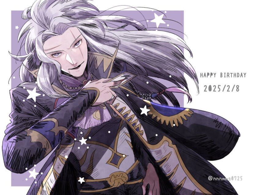 1boy black_jacket border card dated final_fantasy final_fantasy_vi gold_trim grey_hair happy_birthday holding holding_card jacket jacket_partially_removed long_hair looking_at_viewer male_focus nnnmmg0725 parted_lips purple_background purple_eyes scar scar_across_eye scar_on_face scar_on_forehead setzer_gabbiani smile solo twitter_username upper_body wavy_hair white_border