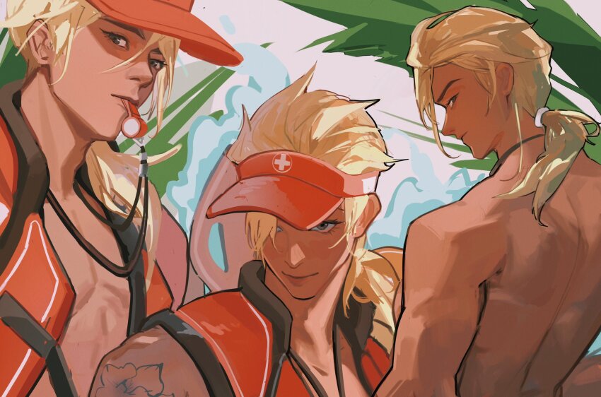 1boy back bare_pectorals blonde_hair blowing_whistle brown_eyes closed_mouth commentary cross eyelashes hair_between_eyes hair_over_one_eye hat highres lifeguarder_lifeweaver lifeweaver_(overwatch) looking_at_viewer looking_back male_focus multiple_views official_alternate_costume one_eye_covered overwatch overwatch_2 palm_leaf pectorals ponytail popped_collar red_hat red_vest shoulder_tattoo solo tattoo topless_male vest visor_cap westwheat whistle