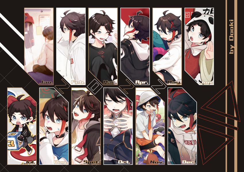 1boy absurdres ahoge april august black_hair blue_eyes calendar_(object) cosplay december february florian_(pokemon) florian_(pokemon)_(cosplay) game_freak highres hood hoodie january july kattobing male_focus march may multicolored_hair multiple_views nijisanji nintendo november october open_mouth pokemon saegusa_akina september streaked_hair teeth virtual_youtuber white_hoodie