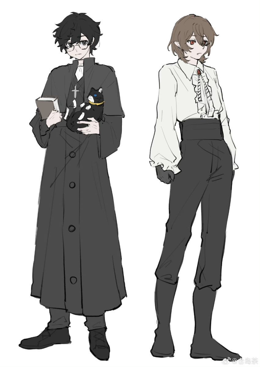 2boys absurdres akechi_gorou alternate_costume amamiya_ren animal ascot black-framed_eyewear black_eyes black_gloves black_hair black_pants book brown_hair buttons cassock cat clerical_collar cross cross_necklace fang fang_out frilled_shirt frills glasses gloves high-waist_pants highres holding holding_animal holding_book holding_cat jewelry kurashimaizumi lofter_username long_sleeves male_focus medium_hair morgana_(cat)_(persona_5) morgana_(persona_5) multiple_boys necklace pants persona persona_5 priest red_eyes shirt short_hair standing tuxedo_cat vampire vertical-striped_ribbon white_background white_shirt yellow_collar