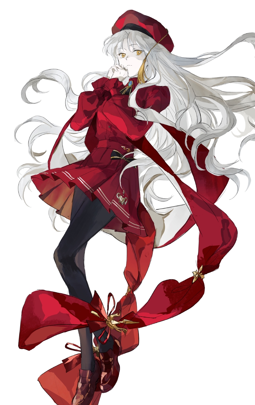1girl absurdres beret black_pantyhose black_ribbon blouse brown_shoes caren_hortensia caren_hortensia_(amor_caren) caren_hortensia_(amor_caren)_(second_ascension) fate/grand_order fate_(series) floating_hair hat highres long_hair long_sleeves looking_at_viewer mimulishizi neck_ribbon own_hands_together pale_skin pantyhose pleated_skirt red_hat red_shirt red_skirt ribbon shirt shoes shroud_of_magdalene simple_background skirt solo very_long_hair wavy_hair white_background white_hair yellow_eyes
