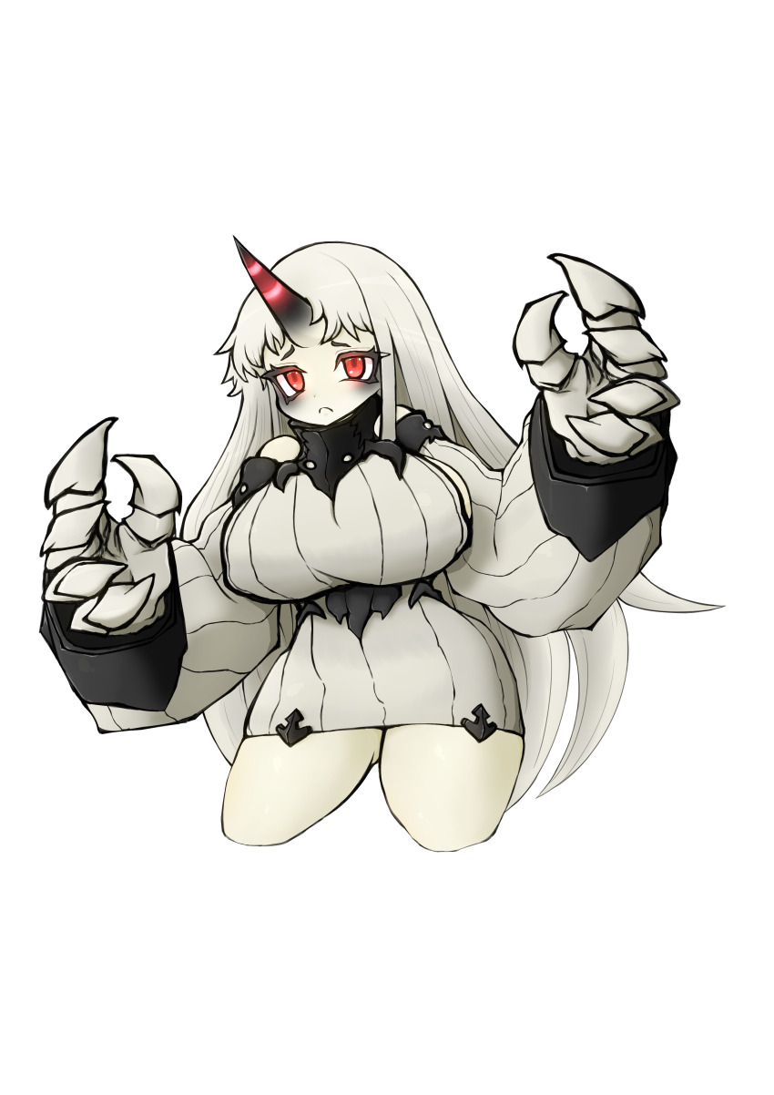 1girl absurdres abyssal_ship black_collar breasts chibi claws closed_mouth collar colored_skin commentary_request cropped_legs detached_sleeves dress frown glowing glowing_eyes hands_up highres horns kantai_collection large_breasts long_hair red_eyes ribbed_dress ribbed_sweater seaport_princess shadow_of_swamp sideboob simple_background single_horn solo striped_horns sweater sweater_dress transparent_background variant_set very_long_hair white_hair white_skin