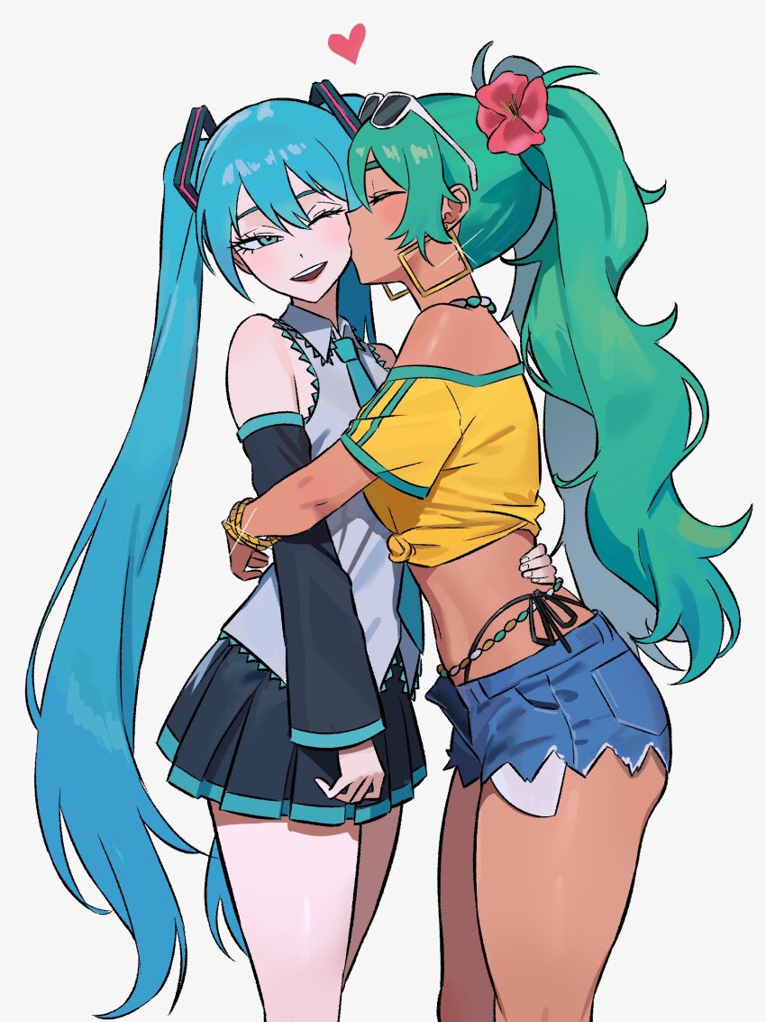 2girls absurdres aqua_hair aqua_necktie belly_chain bikini bikini_under_clothes bracelet brazilian_miku closed_eyes collared_shirt detached_sleeves earrings exposed_pocket eyewear_on_head flower grey_shirt hair_flower hair_ornament hatsune_miku heart highres hoop_earrings jewelry kiss kissing_cheek long_hair miniskirt multiple_girls necktie one_eye_closed parted_lips pleated_skirt rectangular_earrings shirt short_shorts shorts side-tie_bikini_bottom simple_background skirt sleeveless sleeveless_shirt swimsuit teeth twintails upper_teeth_only very_long_hair vocaloid white_background worldwide_miku yellow_shirt yuri zeon_(zzeeonn)