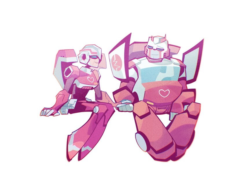 1boy 1girl arcee backpack bag blue_eyes bradyclaph83904 helmet highres humanoid_robot no_humans ratchet_(transformers) robot robot_girl science_fiction simple_background transformers transformers_animated v-fin white_background