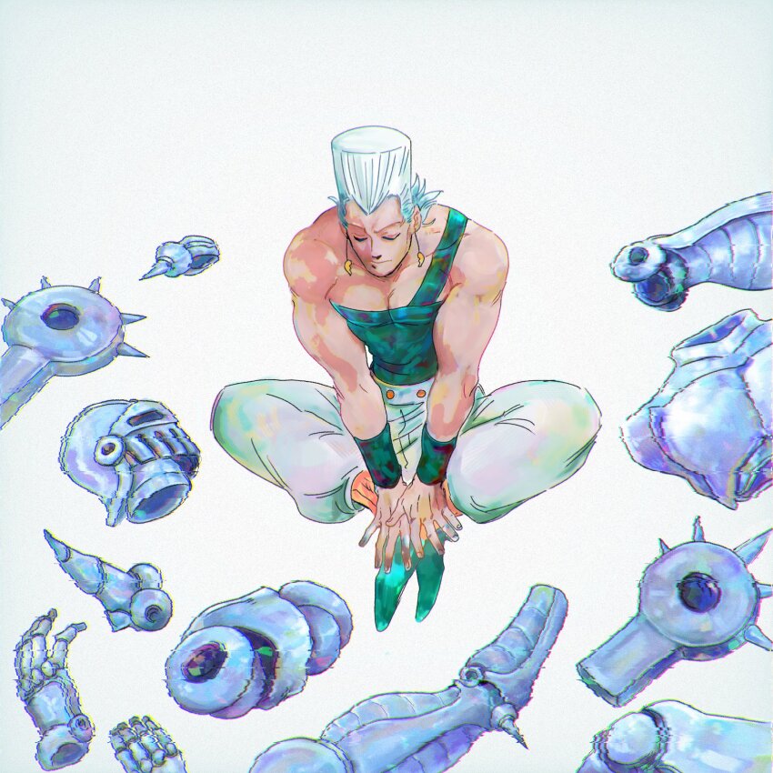 alternate_color armor black_tank_top closed_eyes closed_mouth disassembly dismemberment earrings flattop glitch highres indian_style jean_pierre_polnareff jewelry jojo_no_kimyou_na_bouken knight male_focus monpe_(sentakuchu) pants silver_chariot simple_background single_strap sitting stand_(jojo) stardust_crusaders tall_hair tank_top white_hair white_pants wristband