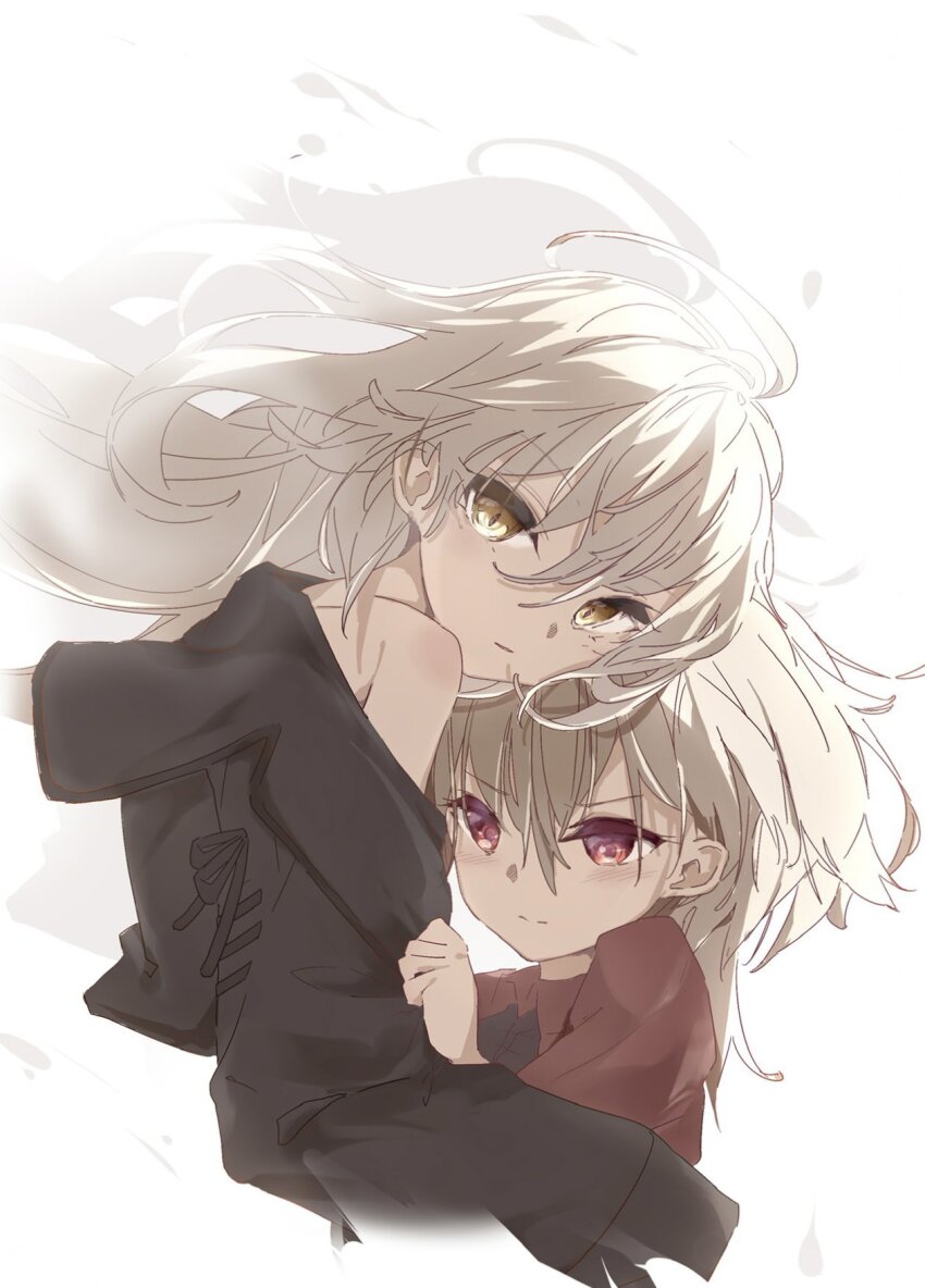 2girls ahoge andou_tazusa assault_lily black_shirt blonde_hair closed_mouth clothes_grab collared_shirt cropped_torso floating_hair hair_between_eyes hand_up hashtag-only_commentary heads_together highres kuro_ula long_bangs long_hair looking_at_viewer looking_to_the_side multiple_girls off_shoulder ponytail red_eyes red_shirt sasaki_ran shirt simple_background single_bare_shoulder sleeve_grab sleeves_past_fingers sleeves_past_wrists two-tone_shirt upper_body v-shaped_eyebrows white_background yellow_eyes