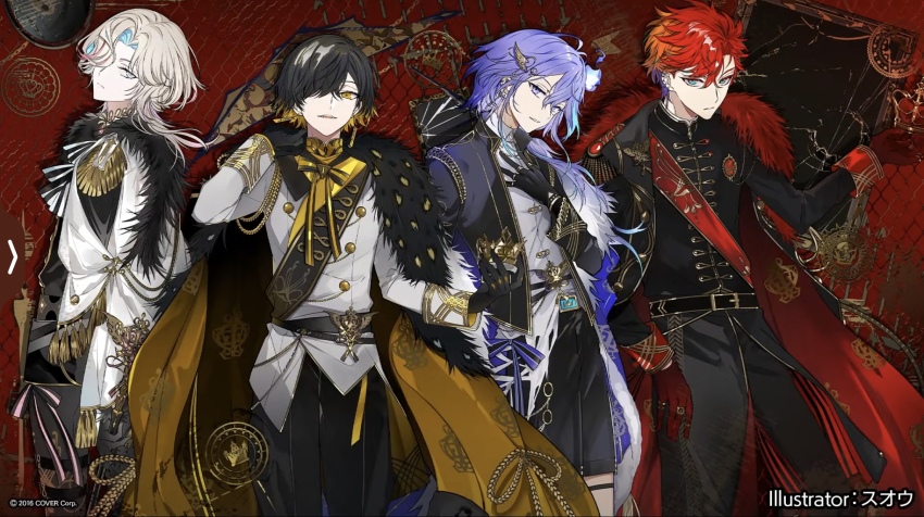 4boys aiguillette alternate_costume alternate_hairstyle antenna_hair aqua_eyes aqua_hair arm_at_side artist_name asymmetrical_bangs bad_source belt belt_buckle black_belt black_coat black_gloves black_hair black_jacket black_pants black_sash black_shorts blonde_hair blue_cape broken_glass brooch buckle buttons cape closed_mouth coat coat_on_shoulders collared_shirt copyright_notice cowboy_shot crossed_bangs crown double-breasted earrings epaulettes expressionless floating_earring fur-trimmed_cape fur-trimmed_coat fur_trim gem glass gloves grey_eyes hair_between_eyes hair_ornament hair_over_one_eye hair_over_shoulder hairclip hand_on_own_chest hand_up highres hitodama hizaki_gamma holding holding_crown holding_scepter holostars jacket jewelry key_visual lapels long_hair looking_at_viewer looking_to_the_side male_focus medium_hair minase_rio mini_crown multicolored_hair multiple_boys multiple_rings neck_ribbon official_art open_clothes open_jacket orange_hair pants parted_lips patterned_clothing pink_gemstone pink_hair pink_ribbon promotional_art purple_eyes purple_hair red_background red_coat red_gemstone red_gloves red_hair red_ribbon red_sash ribbon ring sash scepter second-party_source shirt short_hair shorts shoulder_sash side_cape sleeve_cuffs smile streaked_hair striped_ribbon suou_(sdurorhr) thigh_strap torn_clothes torn_shirt two-sided_coat two-sided_fabric two-tone_hair unworn_crown uproar_(holostars) utsugi_uyu virtual_youtuber white_cape white_hair white_jacket white_shirt wing_hair_ornament yatogami_fuma yellow_cape yellow_eyes yellow_ribbon yellow_shirt